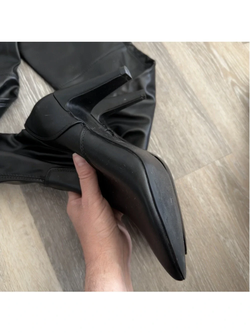Womens 8.5 Black Thigh-High Stiletto Pointed Toe Faux Leather Boots Gothic Witch